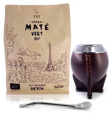 Imagen del producto de YVY MATÉ – Set para mate "Torpedo" – Calabaza de cuero + Bombilla + Yerba mate orgánica verde 500 g – Set de regalo tradicional