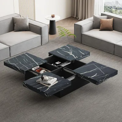 A modern living room with a sectional sofa and a marble-look coffee table.