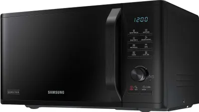 A black Samsung microwave oven shown from a diagonal front-side angle.