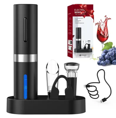 Immagine prodotto di Set di cavatappi elettrico 5-in-1 con base di ricarica, tagliacapsule, versatore, tappi sottovuoto per vino, colore nero