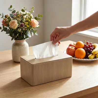 Produktbild von Rechteckige Kosmetik-Taschentücherboxen – Beige Kunstleder