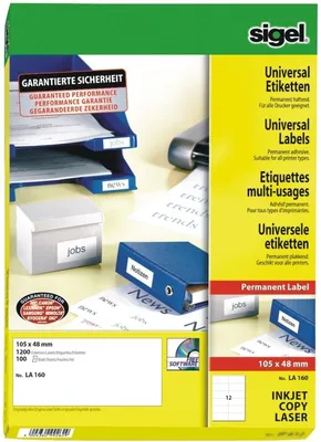 Produktbild von Etiketten Inkjet/Laser Kopier 105x48mm VE=10x1200 Stück (100 Blatt) weiß