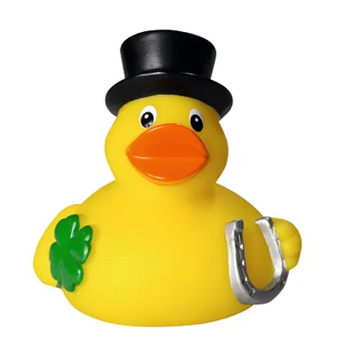 Produktbild von Glücksbringer-Ente - Hufeisen + Kleeblatt - Quietscheente - Badeente - ca. 8 cm gross