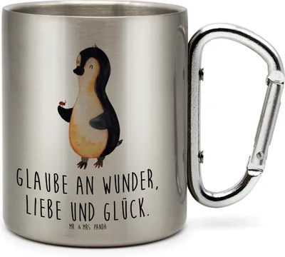 Produktbild von Mr. & Mrs. Panda Karabiner Becher Pinguin Marienkäfer - Transparent - Geschenk, Lebensfreude, Edelstahl-Thermobecher, Thermobecher, thermotasse, Trinkbecher Edelstahl
