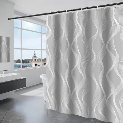 Productafbeelding van Wasbare douchegordijn van polyesterweefsel met 12 ringen, waterdicht voor douche en bad, 180 x 200 cm, grijs
