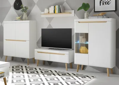 Produktbild von Wohnwand "Isgard" in weiß matt und Scandi Eiche Wohnkombination 4-teilig 344 cm