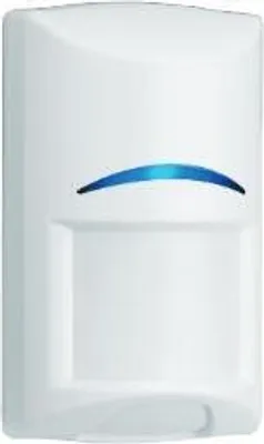 A white motion detector with a blue LED light.