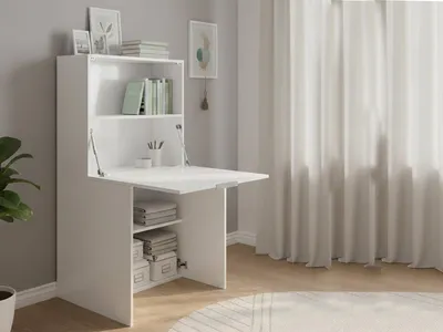 Produktbild von Schreibtisch Gianpiero, Mehrzweckmöbel mit Regalen und Arbeitsplatte, Mehrzweck-Bürotisch, platzsparender Mehrpositionsschreibtisch, 100 % Italy, cm 70x35h140, glänzendes Weiß