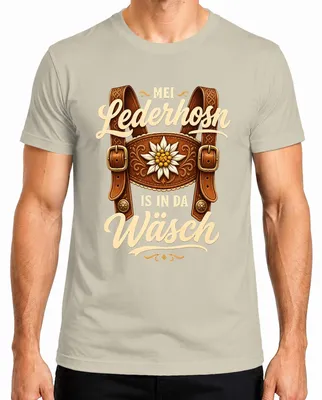 Zdjęcie produktu dla Mei Lederhosn to koszulka   w stylu tradycyjnym, przeznaczona dla mężczyzn, wykonana z materiału przypominającego skórzane spodnie (lederhosen), kolor: naturalny, rozmiar: S