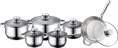 A set of stainless steel pots and pans with glass lids, arranged on a white background.