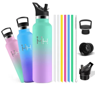 Produktbild von Trinkflasche Edelstahl, Trinkflasche 750ml, Thermosflasche mit 6 Strohhalme