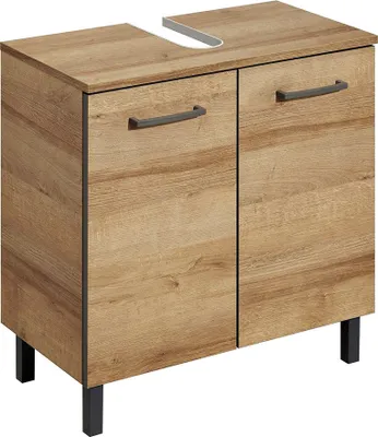 Produktbild von Badmöbel Waschtisch-Unterschrank RECIFE-66 in Riviera Eiche quer Nb, mit grauer Kante, inkl. Siphonausschnitt - B/H/T: 60/62/33cm