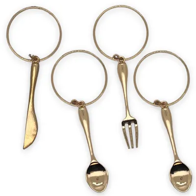 Serviettenringe mit Anhänger, 4er-Set, Metall, Ø 3,6 cm, goldfarben