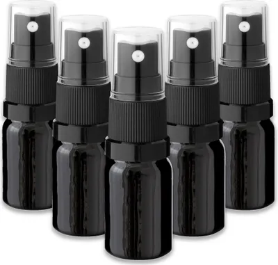 Produktbild von 5x Glasflasche schwarz 5 ml mit schwarzem Zerstäuber Sprükopf leer Set