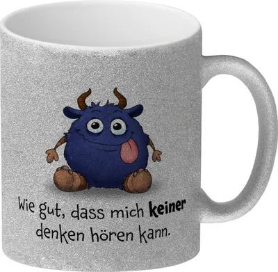 Produktbild von Freches Monster in dunkelblau Glitzer-Kaffeebecher mit lustigem Spruch