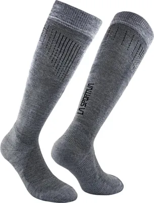knielange Socken mit Rippstrickmuster und schwarzem Schriftzug La Sportiva an der Außenseite