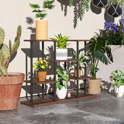 Image de Étagère à plantes à 4 niveaux - Étagère pour plantes | Couleur : Noir, Marron | Dimensions : 24 x 80 x 61,5 cm