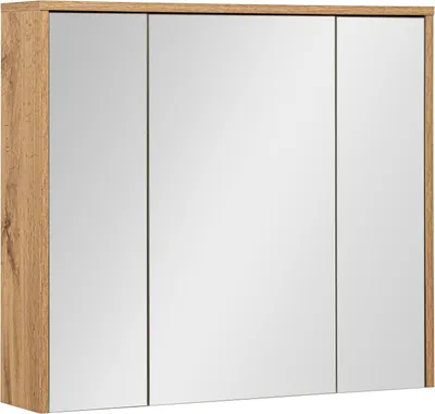 Produktbild von Badezimmerschrank mit Spiegel 80x70x16 cm 3 Türen Eiche Wotan – Hängeschrank mit Soft-Close-System und Glasregalen
