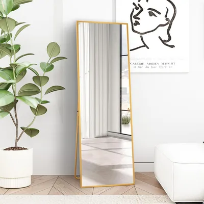 Immagine prodotto di Specchio da parete dorato con cornice metallica, 150x50 cm, specchio a figura intera | Alluminio, vetro temperato, da appoggio/da parete