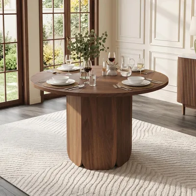 Produktbild von okwish modern Runder Esstisch minimalistisches Design,  für 4-6 Personen,Küchentisch für Küche oder Esszimmer,Nussbaum