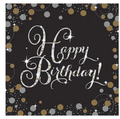 Image de 16 Serviettes Sparkling Celebrations or - anniversaire avec paillettes argent 33x33cm