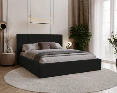 Zdjęcie produktu dla BESILIO Podwójne łóżko do sypialni 160x200 Persea - stelaż metalowy, pojemnik na pościel, ozdobna lamówka - Czarny