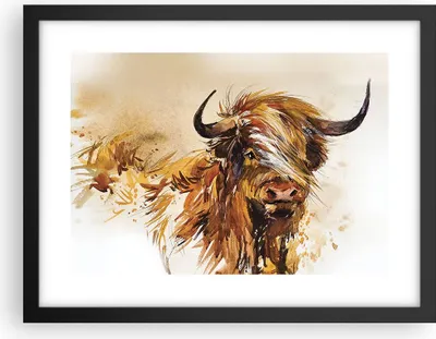 Produktbild von Gerahmtes Poster - Schwarzer Rahmen - Stier Scotch Aquarell - 40x30 cm - Wand Bild - Wanddeko - Wandbilder - Kunstposter - Wandposter - Bilderrahmen - Bilder - Kunstdruck - P2BAA40x30-4708