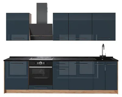 Imagen del producto de Mueble de cocina Vicco Fame-Line Azul oscuro alto brillo/Roble dorado 280 cm sin encimera, Model 65742