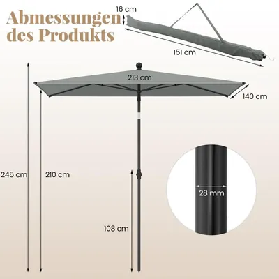 Produktbild von Rechteckiger Balkonschirm, 210 x 140 cm, Grau, verstellbar