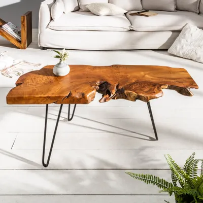Produktbild von Massiver Couchtisch WILD 100cm Teak Massivholz Baumscheibe Hairpin Legs Wohnzimmertisch Holztisch