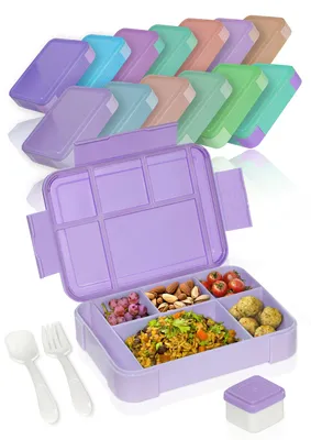Produktbild von Deine Schulhelden Bento Box - Brotdose für Erwachsene und Kinder - Auslaufsichere Lunchbox mit Besteck & Becher - BPA frei, 1330ml (Purple Dream)