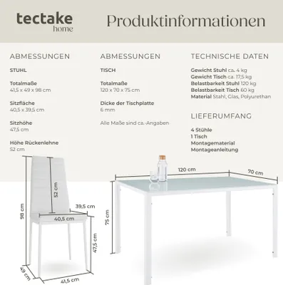 Produktbild von Tectake Esszimmergruppe Berlin, 5-teilig (1 Tisch, 4 Stühle), weiß, aus Kunstleder, Stahl, Polyurethan und Sicherheitsglas. Gepolstert, hohe Belastbarkeit (120 kg/Stuhl), einfacher Aufbau, pflegeleicht, bodenschonend. Maße: Stuhl ca. 41,5x49x98 cm (BxTxH), Sitzhöhe 47,5 cm; Tisch ca. 120x70x75 cm (BxTxH).