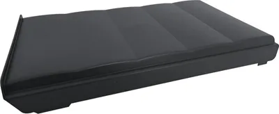A black lid for a trash can is shown from a diagonal angle against a white background.