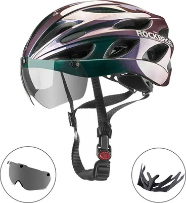 Produktbild von ROCKBROS Fahrradhelm, Lila Farbverlauf, 58-61cm, Damen & Herren, für MTB & Radsport, mit Visier, Sonnenblende & Schutzbrille, 24 Lüftungsschlitze, EPS-Schaumstoff, Größenanpassungssystem, abnehmbares Innenpolster