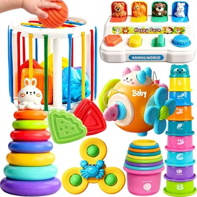Produktbild von 6-in-1-Babyspielzeug für 6-12-18 Monate – Montessori – Spielzeug – Sensorisches Babyspielzeug – Stapelspielzeug – Blöcke – Formensortierspiel