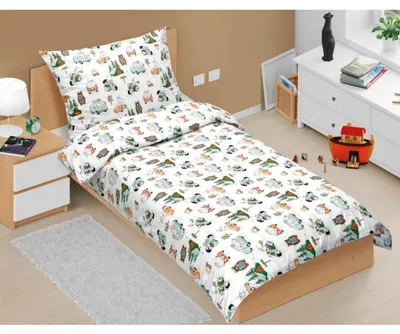 Obrázek produktu pro Bavlněné povlečení dětské junior - 140x200 cm. 70x90 -  bílá,zelená,hnědá