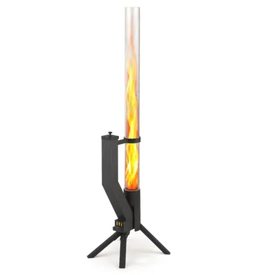 A black metal outdoor fireplace with a clear glass tube containing flames, standing on a tripod base.