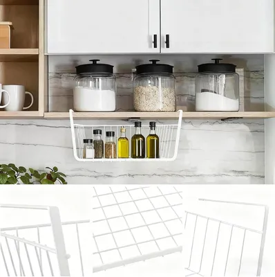 Produktbild von 2 Stück Unterregal-Aufbewahrungskörbe aus Metall, Hängekörbe für Regale und Schränke, Korb-Organizer in Schwarz und Weiß für Küche, Speisekammer und Schrank