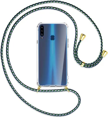 Produktbild von Handykette Backcover-Schutzhülle mit Band (Metall goldfarben) für Samsung Galaxy A20s - grün/blau/weiß