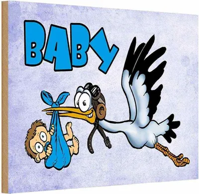 Produktbild von vianmo Holzschild 12x18 cm Baby Storch bringt Kind in blau