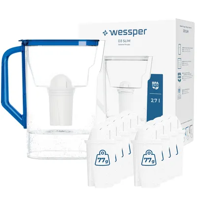 Imagen del producto de Jarra filtrante Wessper D3 SLIM, 2,7 litros, color azul, con 10 filtros aquaclassic