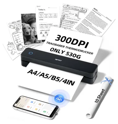 Zdjęcie produktu dla Przenośna drukarka termiczna, 300 DPI - Mobilna, z Bluetooth, idealna do użytku w podróży. Format A4, przeznaczona do użytku w samochodach, biurach, domach i szkołach. Kompatybilna z systemami iOS i Android
