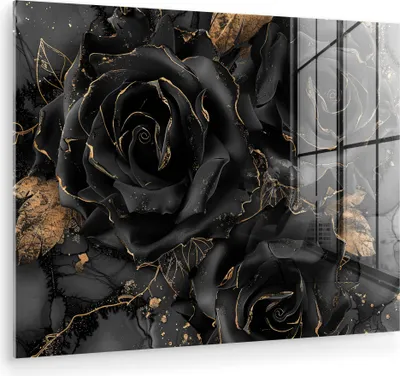 Produktbild von MuchoWow Glasbilder - Bilder auf Wandbild - Foto auf Glas Rosen - Schwarz - Blumen - Gold 40x30 cm Wanddekoration aus Glas - Acrylglasbild - Acrylbilder - Bild - Malen
