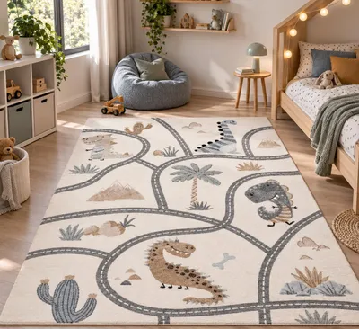 Produktbild von Kinder Teppich Maui Kids Dino Straßenteppich Beige, Größe:140x200 cm, KI-generiertes Bild