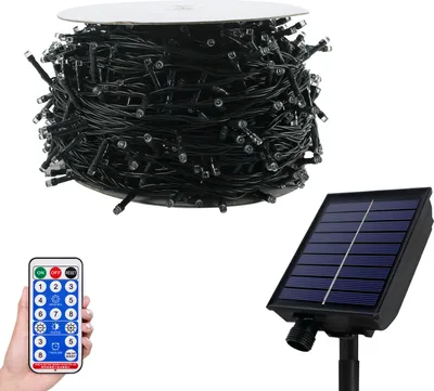 A solar-powered string light set with a remote control and solar panel.