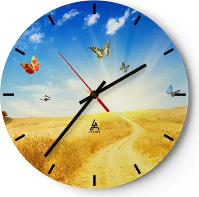 Produktbild von Wanduhr - Rund - Glasuhr - Schmetterlinge Wiese Gras - 30x30cm - Schleichendes Uhrwerk - Lautlos - zum Aufhängen bereit - Dekoration Modern - Wanddekoration aus Glas - C3AR30x30-0517