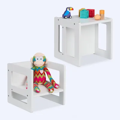 Produktbild von Relaxdays Sitzhocker Kinder 2er Set, Wendehocker, 2 Sitzhöhen, mit Armlehnen, HxBxT: 30x30x30 cm, Kindertisch, MDF, weiß