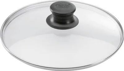 Zdjęcie produktu dla Szklana pokrywa ELO 24 cm z obręczą ze stali nierdzewnej i plastikowym pokrętłem, przezroczysta/czarna/srebrna