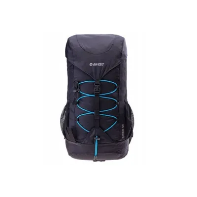 A black and blue outdoor backpack is shown against a white background.