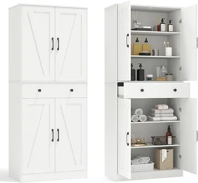 Productafbeelding van Hoge keukenkast, 183 cm, voorraadkast met 4 deuren, een lade en 3 verstelbare planken, multifunctionele kast, hoge kast/buffetkast, geschikt voor keuken, eetkamer en woonkamer, wit
